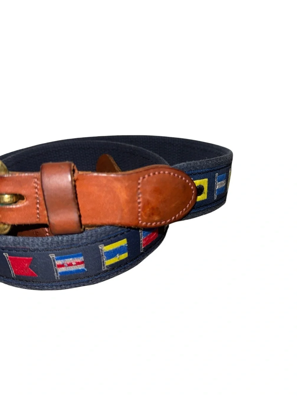 Vintage J Press Men's Navy Flag Leather Woven Belt with Brown Leather Accents 38
